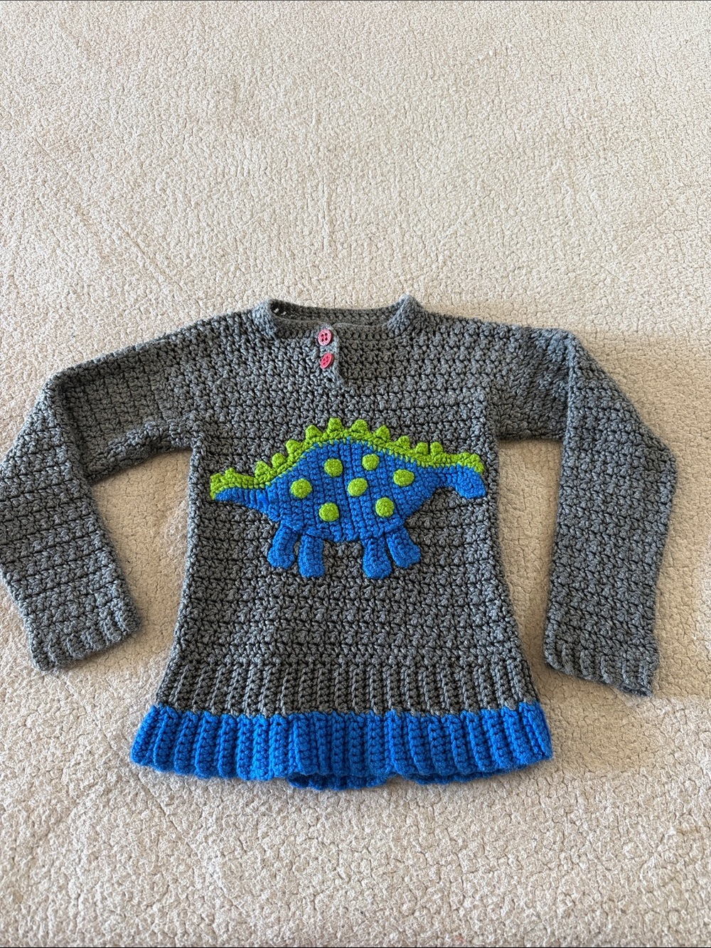 Kids Gray Handmade Crochet Sweater with Blue & Green Dinosaur 4-5T